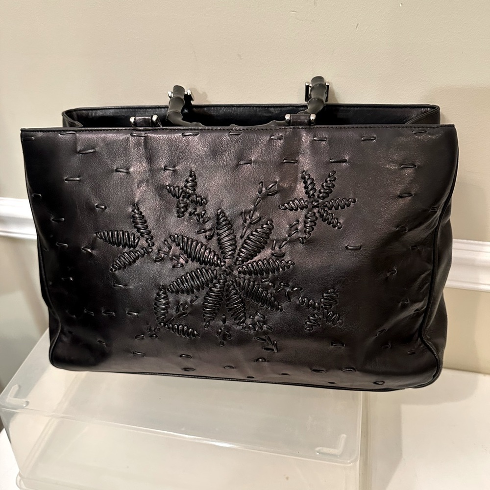 Plinio Visona vintage black leather bag with bamboo like handles